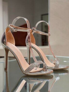 Womens Rhinestone Ankle Strap High Heel Sandals Silver Elegant Formal Party Shoe